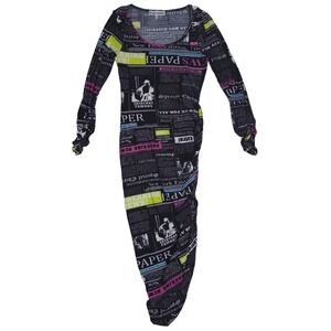 Almost Famous Newspaper Print Dress S Womens Ruched Long Sleeve Midi Black